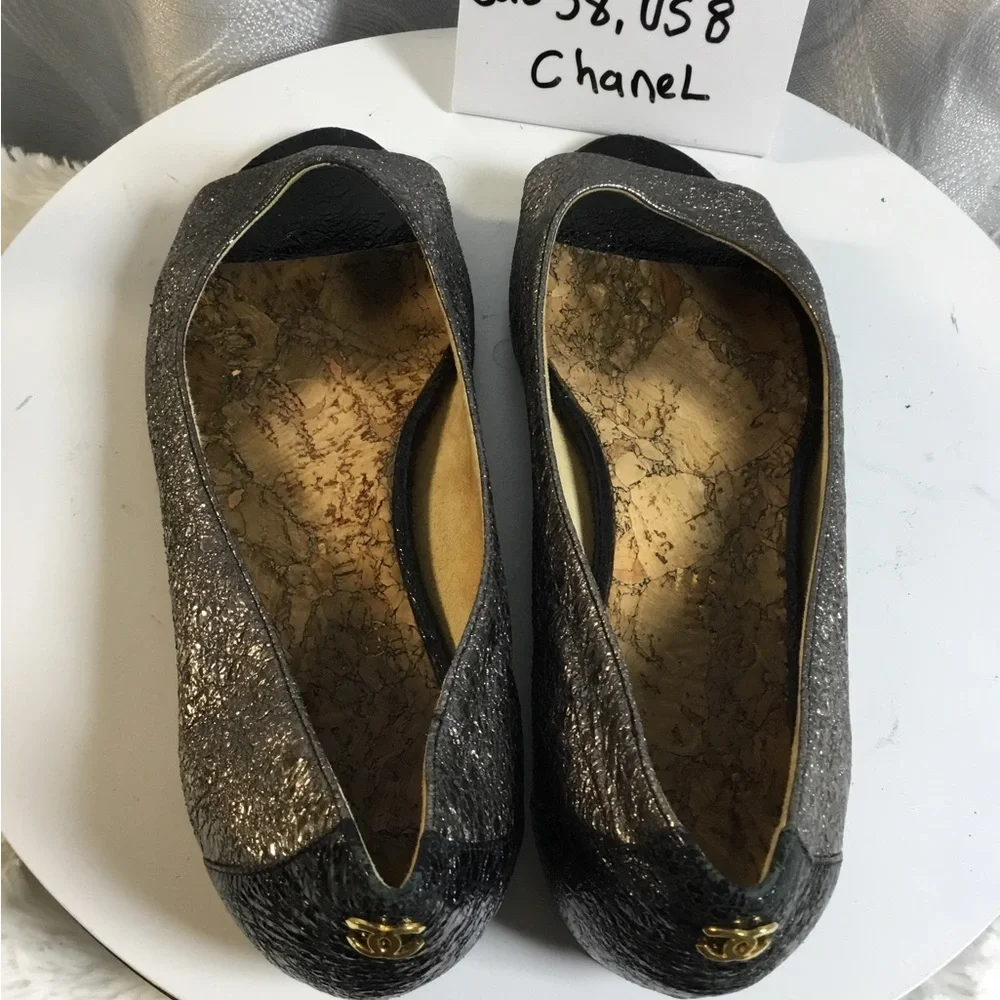Chanel Women's Metallic Peep-Toe Flats - Silver